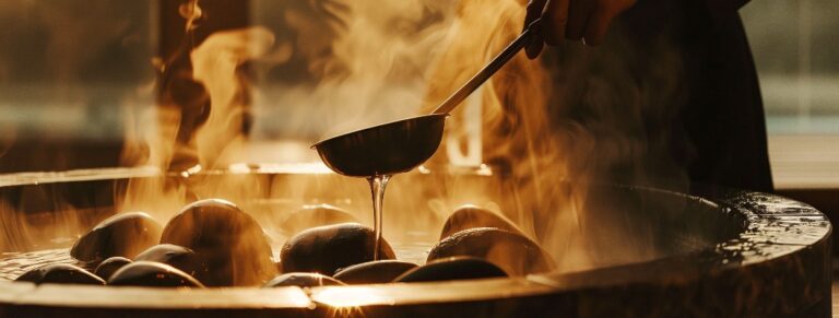 Aufguss in der Sauna | Wasser wird mit der Schöpfkelle über die heißen Saunesteine gekippt, Dampf steigt auf.