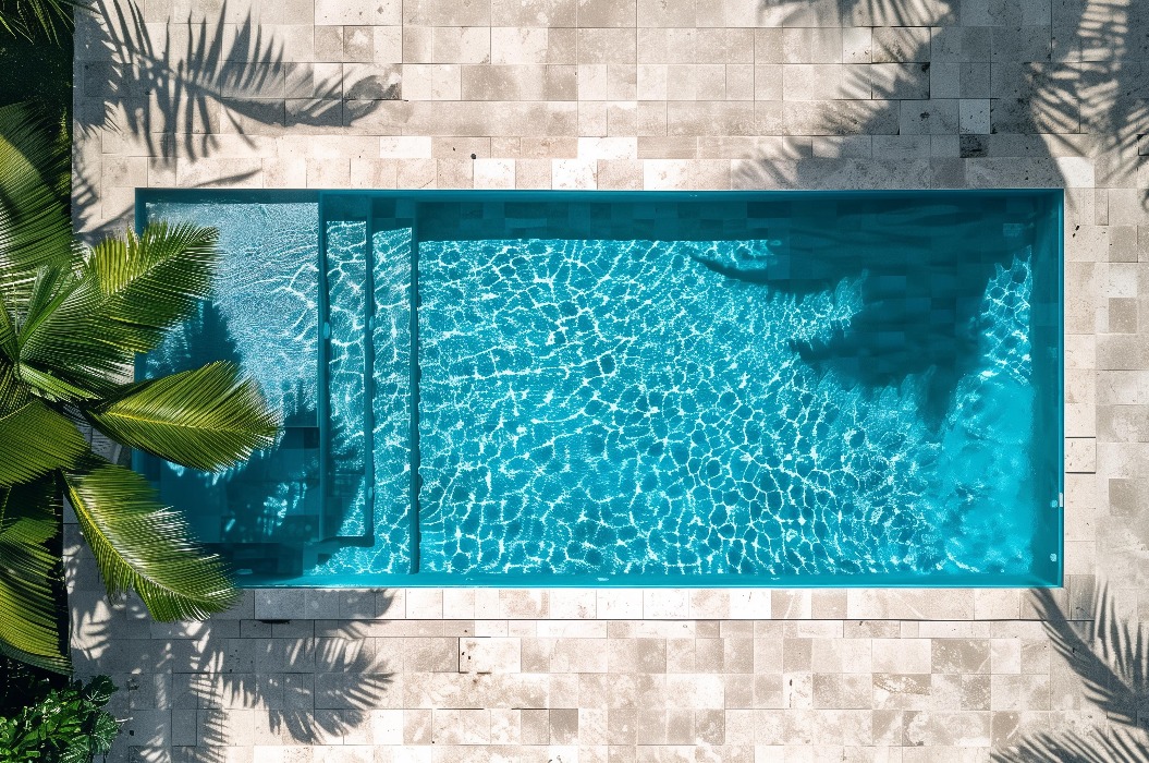Blaues Wasser in einem rechteckigen Pool, umgeben von Keramikfliesen, mit Palmen, die an einem sonnigen Tag Schatten werfen