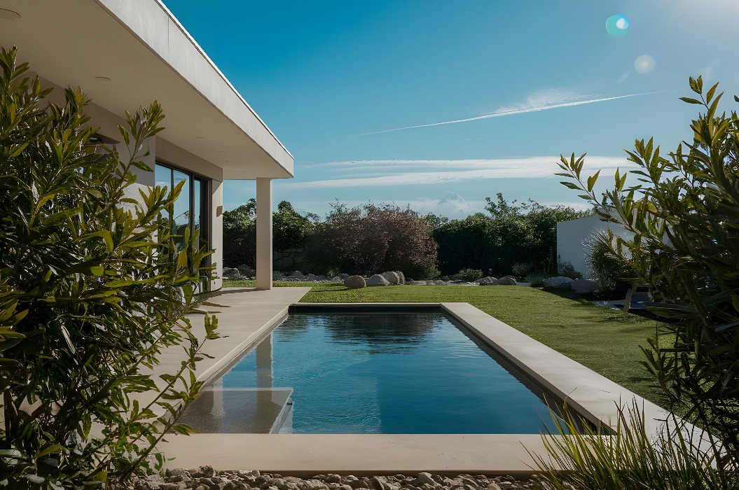 Casa contemporánea con un elegante diseño minimalista que presenta una pequeña piscina rectangular
