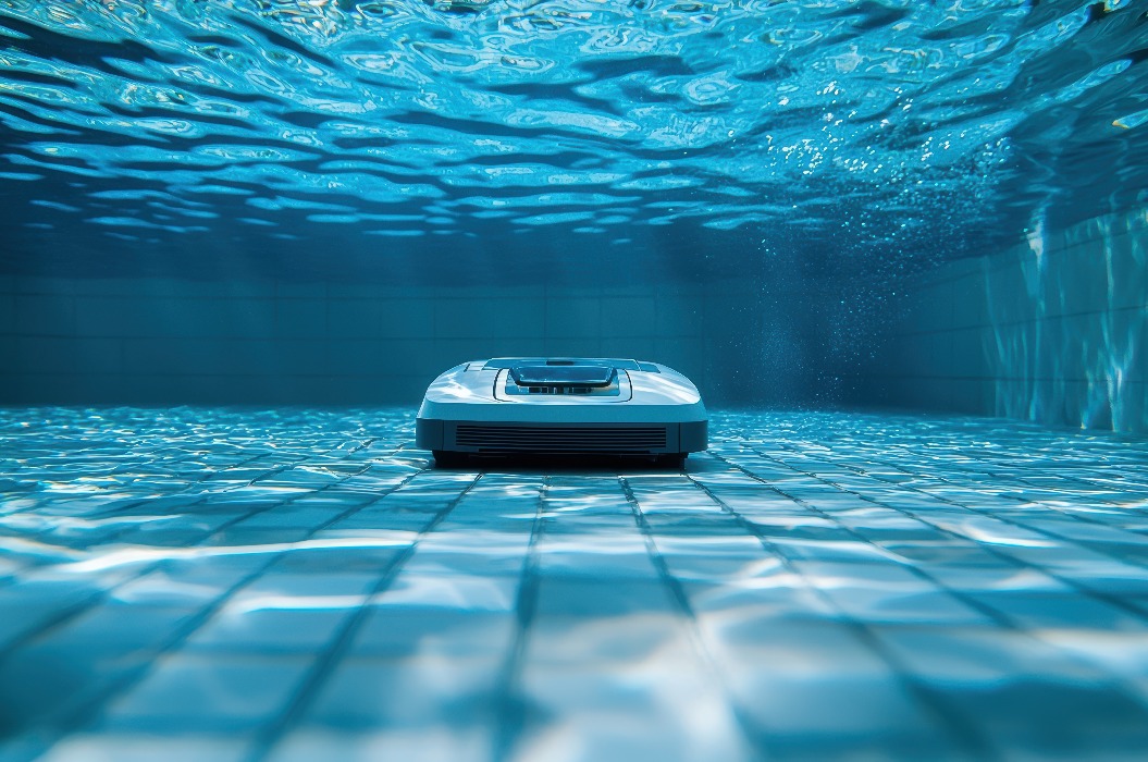 Der Roboter-Poolreiniger bewegt sich systematisch über den gefliesten Poolboden, schrubbt gründlich und sorgt für Sauberkeit