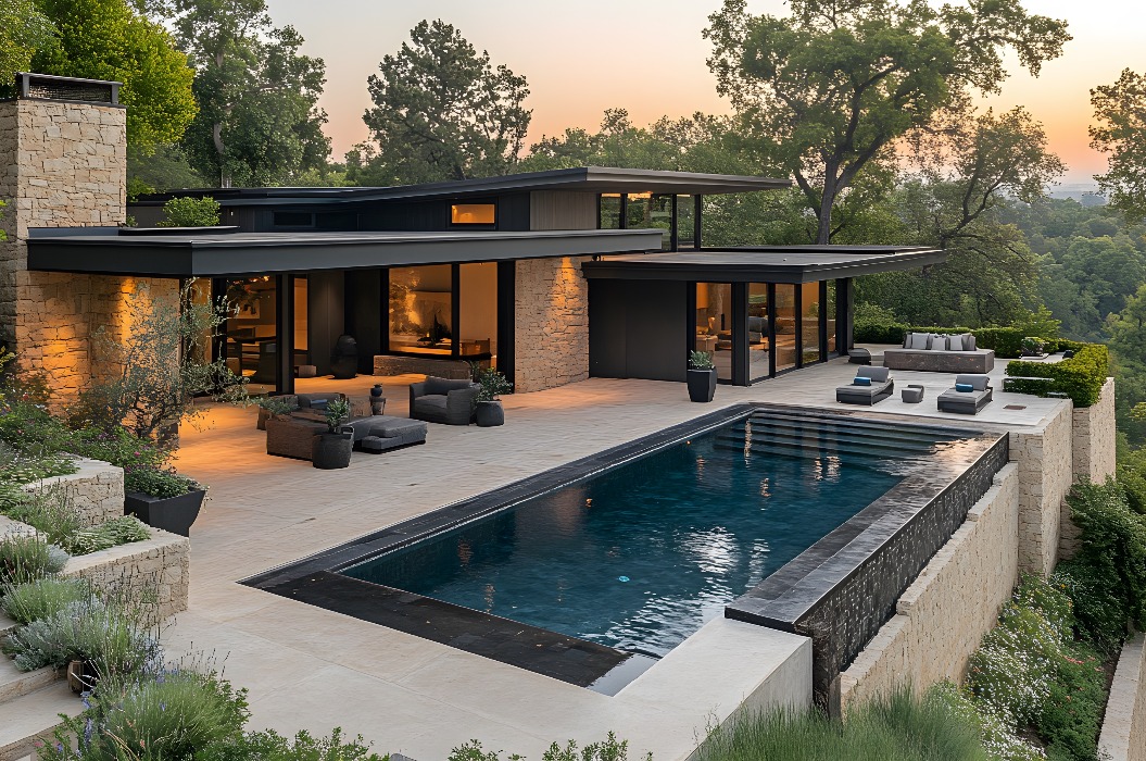 Ein hochmodernes Haus mit Flachdach, großzügigem Parkplatz, luxuriösem Pool, Betonfassade und üppiger Gartenanlage, die den Außenbereich optisch aufwertet