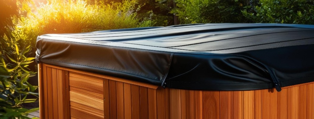 Ein Holz-Außenwhirlpool mit schwarzer Schutzabdeckung inmitten einer üppigen Gartenlandschaft bei Sonnenuntergang, der Entspannung und luxuriösen Wohnkomfort vermittelt