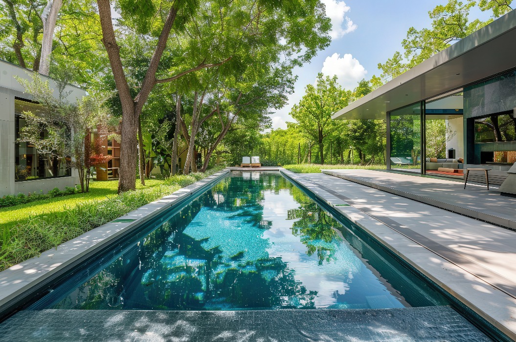Ein luxuriöser Garten mit einem langen Swimmingpool, umgeben von üppigem Grün und moderner Architektur.
