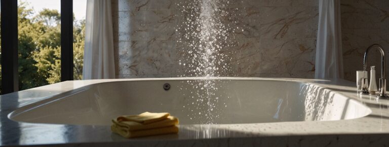 Ein luxuriöses Duscherlebnis: Ein ruhiges und elegantes Badezimmer mit einer modernen Badewanne und einem leistungsstarken Duschkopf, aus dem eine Wasserfontäne herabfließt.