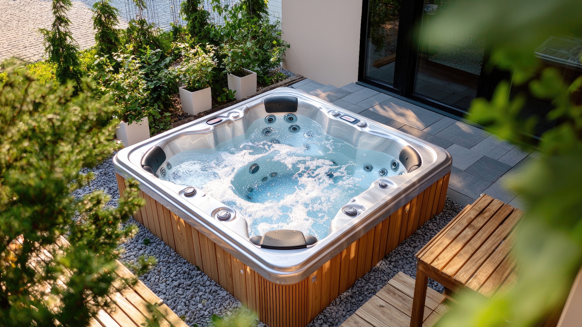 Ein moderner Whirlpool, eingebettet in eine landschaftlich gestaltete Außenterrasse.