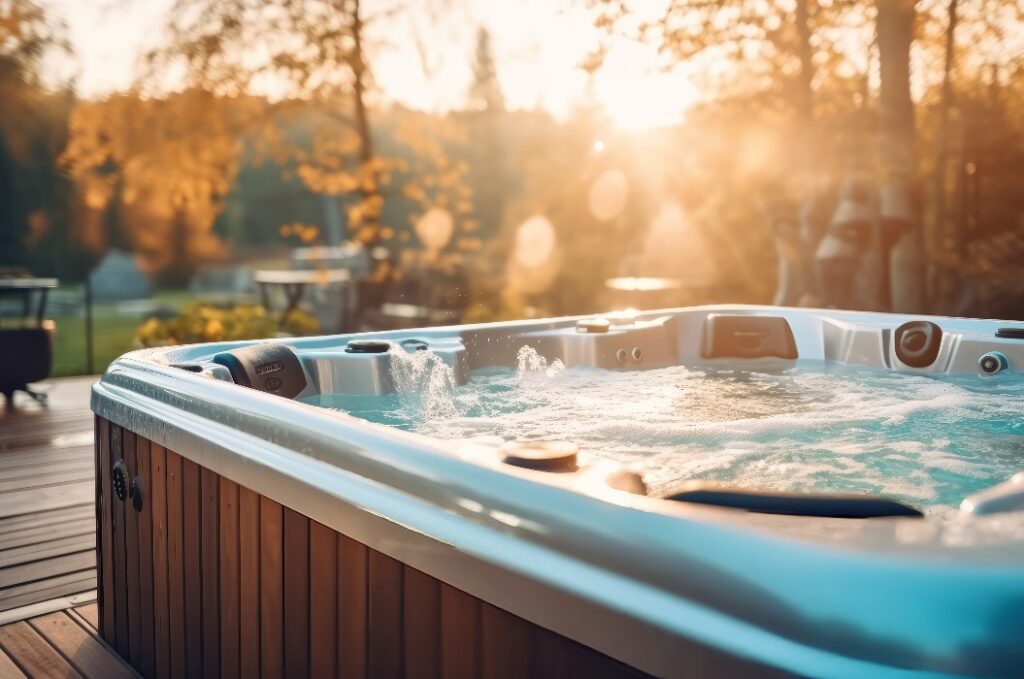 Ein sprudelnder Whirlpool im Garten. Generative KI.