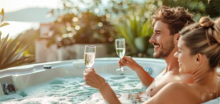 Ein verliebtes Paar stößt mit Champagnergläsern an, während es sich im Whirlpool entspannt, und genießt seine Flitterwochen in luxuriösem Ambiente.