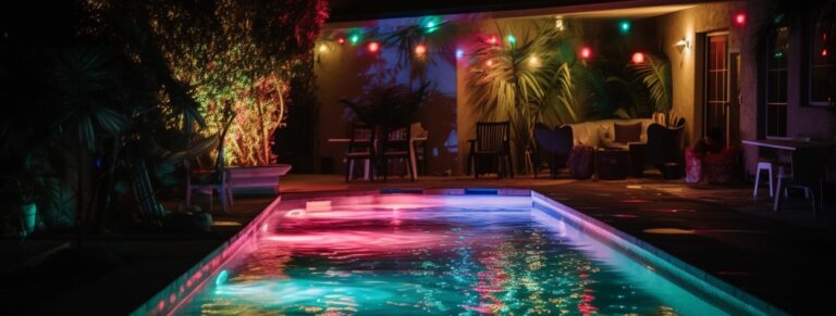 Eine Poolparty, bei der Neonlichter das Wasser erhellen – Generative KI
