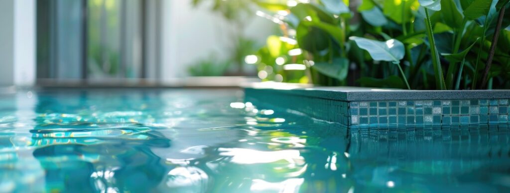Eine ruhige Poolszene mit einer Pflanze in der Mitte