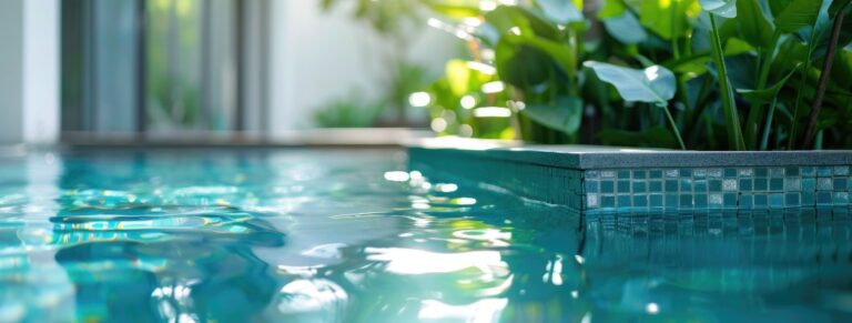Eine ruhige Poolszene mit einer Pflanze in der Mitte