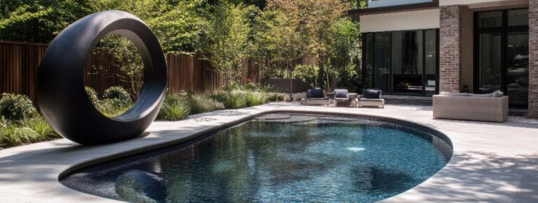 Eine skulpturale Oase: Ein moderner Garten mit Pool und künstlerischer Installation