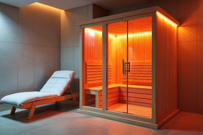 Einzelne Infrarotsaunakabine mit Holzverkleidung und Glastür. Wärmelichttherapie zur Entspannung, Entgiftung und für das Wohlbefinden. Innenansicht einer leeren traditionellen finnischen Sauna mit Holzbank und Liege.
