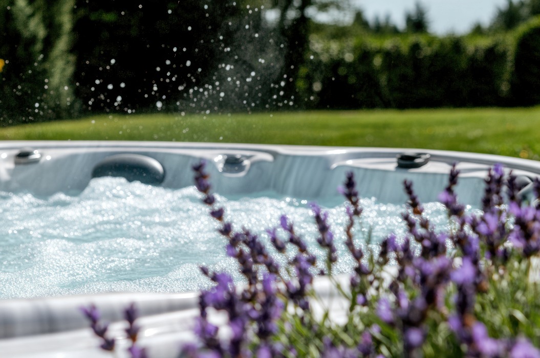 Entspannende Whirlpool-Bläschen, umgeben von Lavendel
