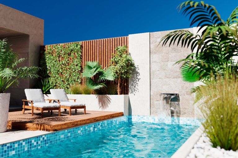 Ferienvilla im modernen Stil mit luxuriösem Swimmingpool und tropischem Baumgarten. Zeitgenössisches Wüstenarchitekturdesign, Poolbereich und Terrasse im Hinterhof. Attraktives Mietobjekt.