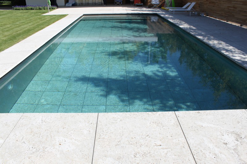 Ein leerer Swimmingpool mit klarem Wasser spiegelt umliegende grüne Bäume wider
