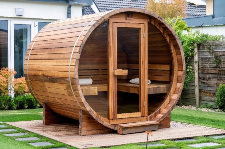Holzfass-Sauna im Garten mit unscharfem Hintergrund, ideal für die Platzierung von Text