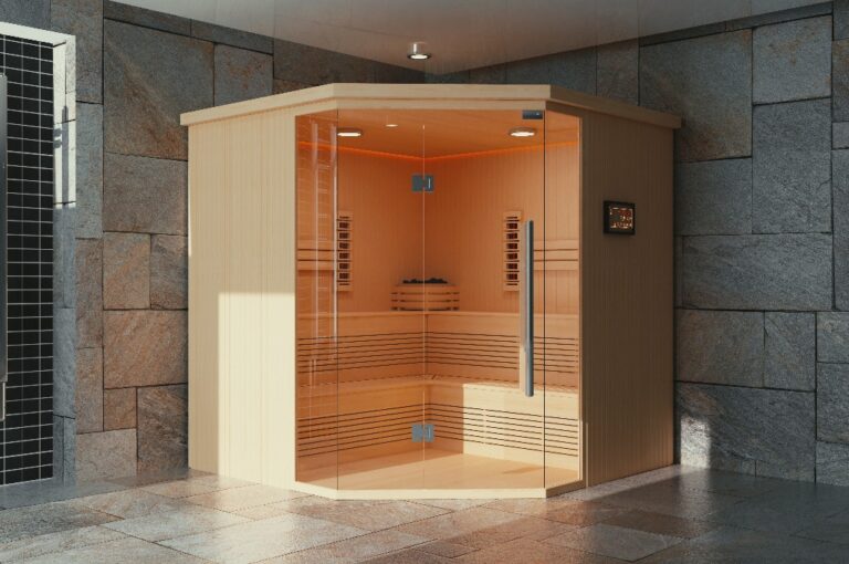 Klassische finnische Infrarotsauna aus Holz im Badezimmer. 3D-Rendering