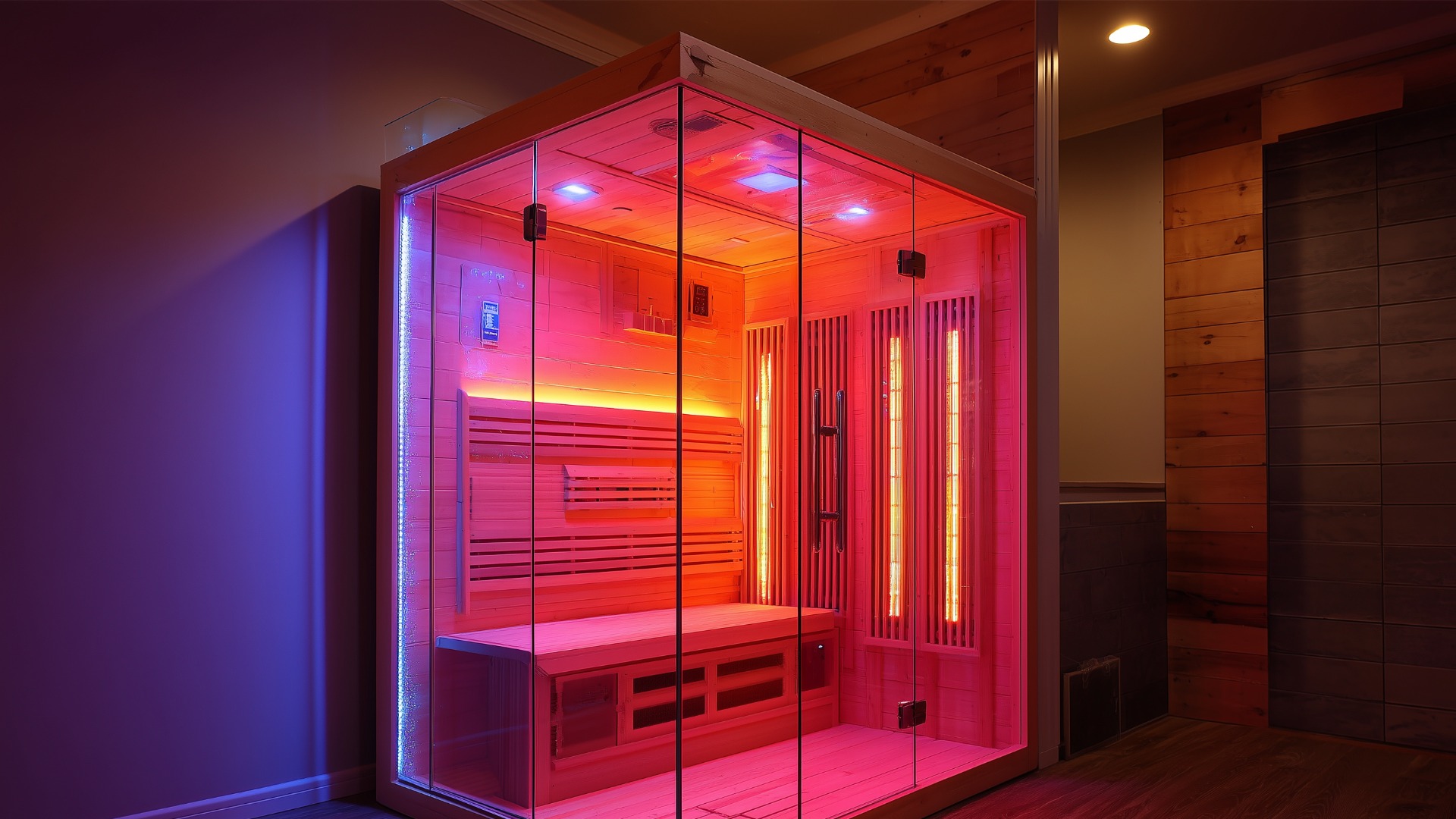Moderne Infrarotsauna mit roter LED-Beleuchtung