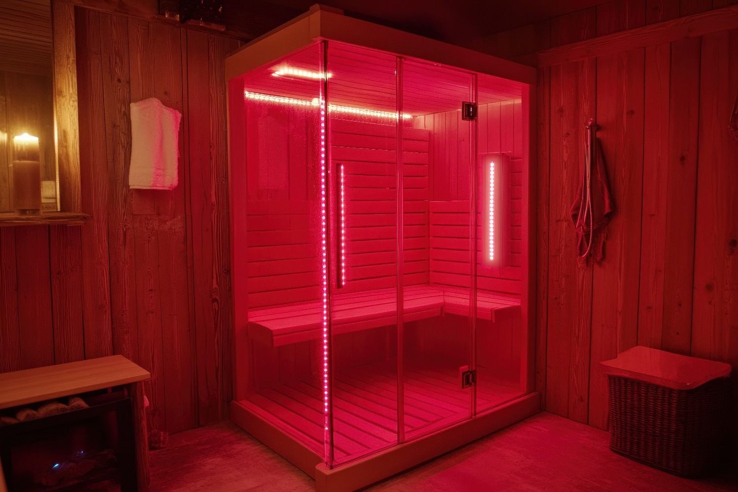 Moderne Infrarotsauna mit roter LED-Beleuchtung in einem Holzraum.