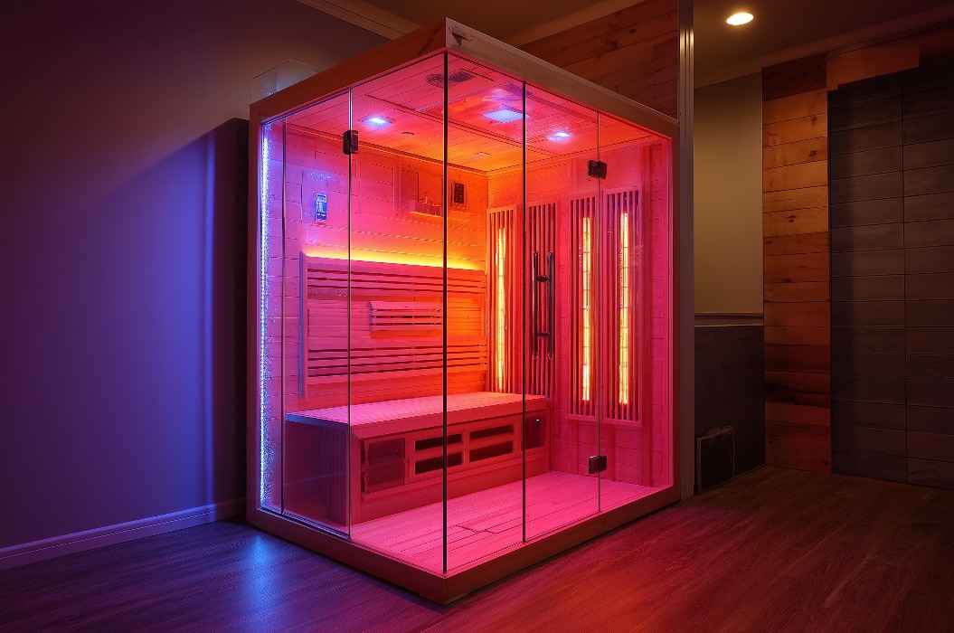 Moderne Infrarotsauna mit roter LED-Beleuchtung