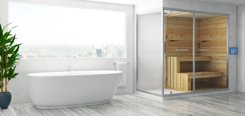 Modernes Badezimmer mit Badewanne, Luxuswohnung. 3D-Rendering