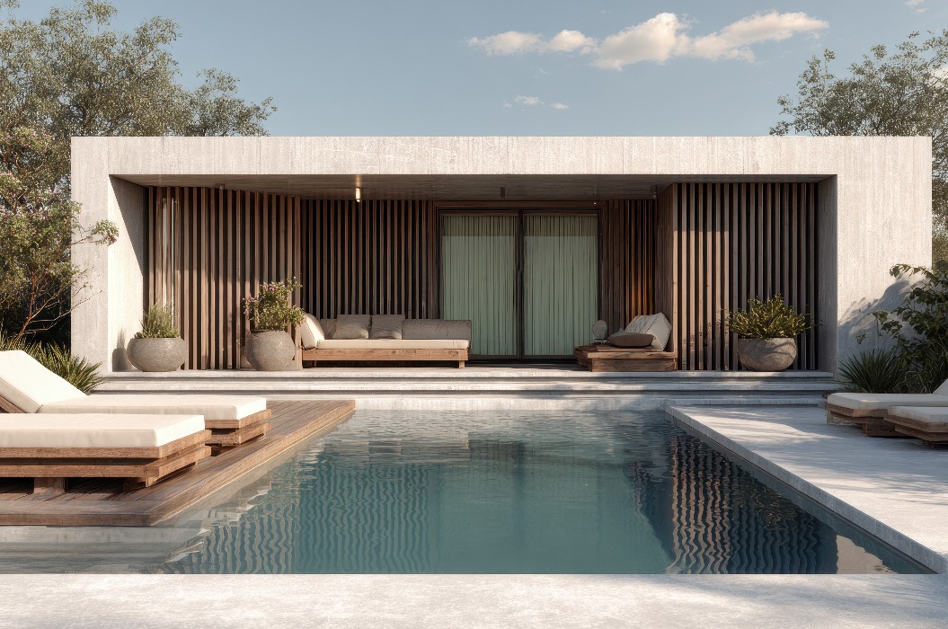 Modernes Betonhaus mit Pool und Terrasse