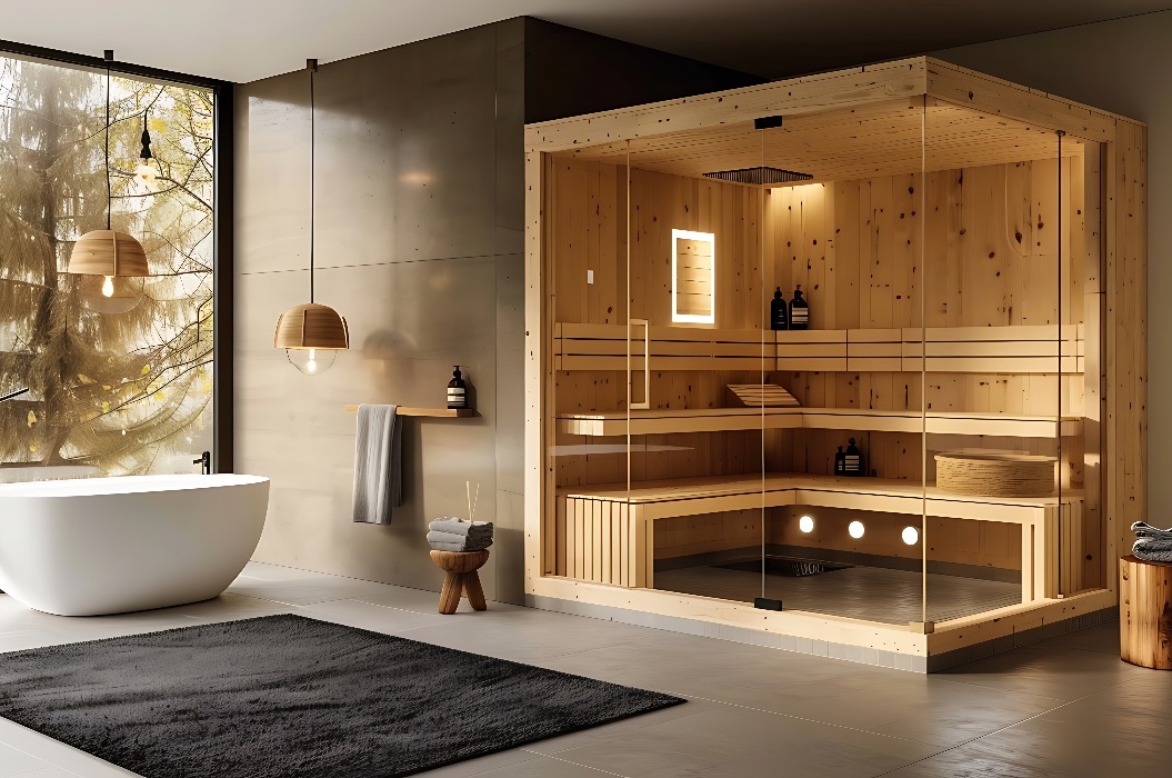 Modernes Heim-Spa mit einem Dampfbad mit Holz- und Glaswänden zum Entspannen. Innenausstattung einer modernen Sauna im Haus.