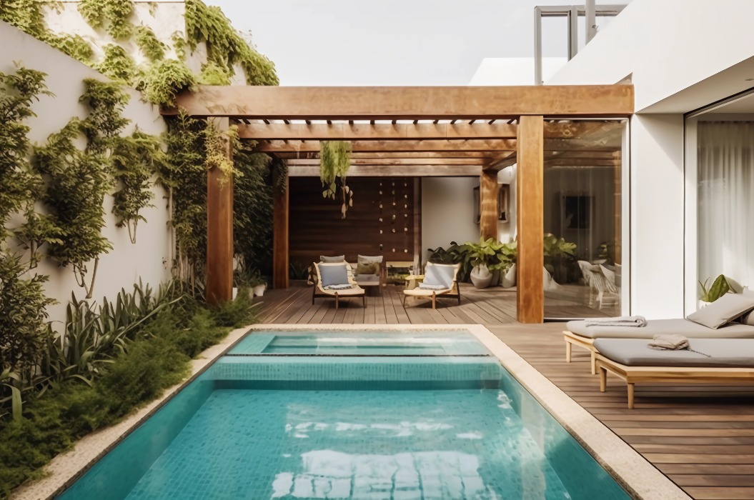 Schönes Modernes Haus mit Kleinem Pool im Garten - Luxuriöses Wohnen - Generative AI