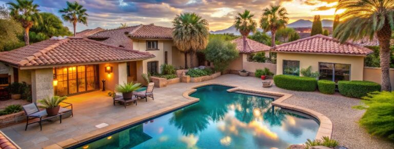 Sonnenverwöhnte Häuser im mediterranen Stil mit roten Ziegeldächern und Wüstenlandschaften umgeben einen ruhigen Pool im Hinterhof dieser Oase in einem Vorort von Phoenix, Arizona.