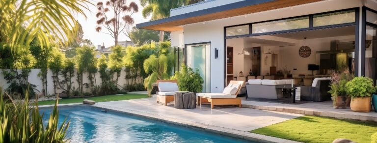 Swimmingpool und Terrassenbereich im Garten eines Luxushauses