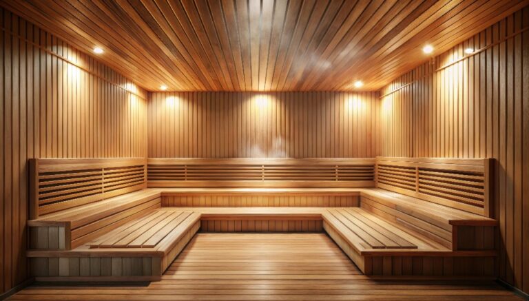 Vorderansicht eines leeren finnischen Saunaraums mit moderner Holzausstattung und Trockendampf, finnische Sauna, Spa, Kabine, leer