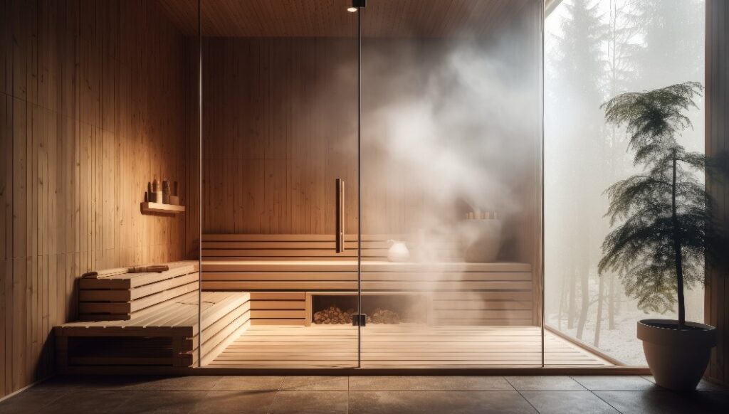 Vorderansicht eines leeren finnischen Saunaraums. Moderne Innenausstattung einer Spa-Kabine aus Holz mit Trockendampf.