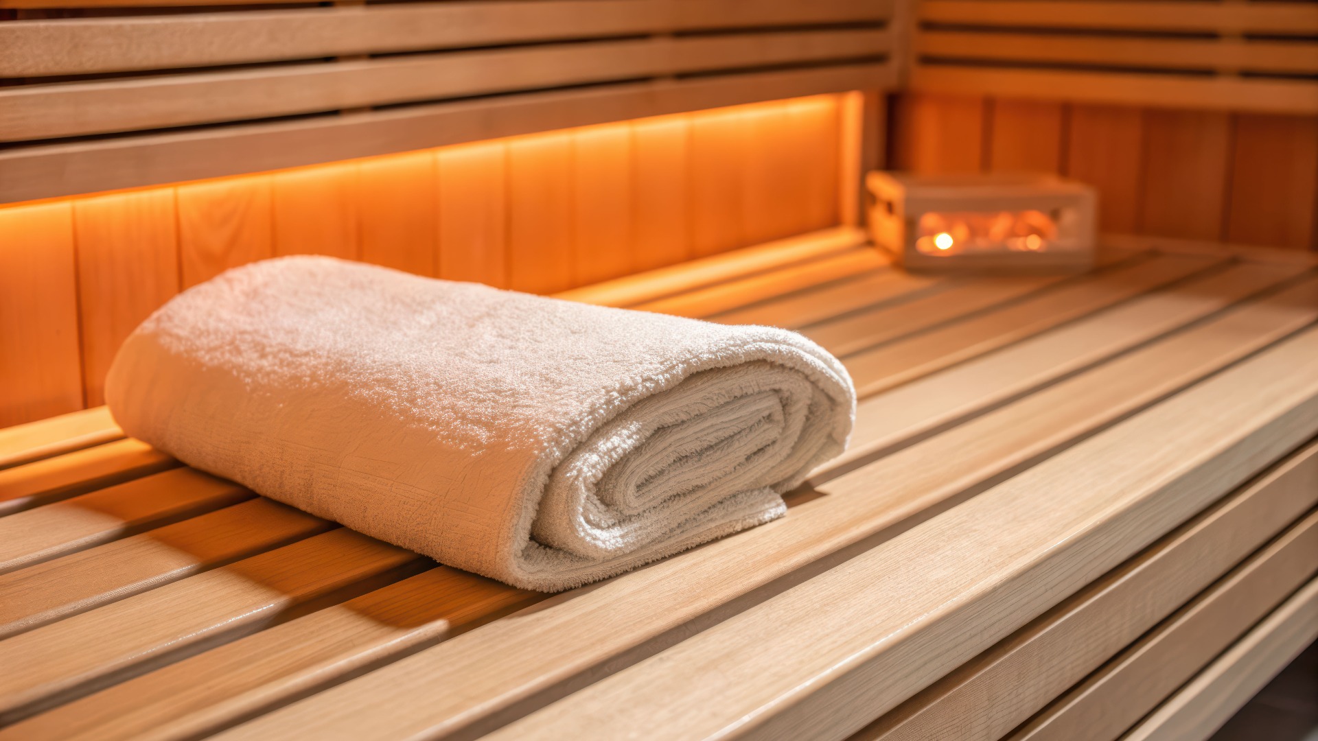 Warme Holzbank, gefaltetes Handtuch, sanftes Licht, entspannendes Spa-Erlebnis, gepflegtes Interieur, Infrarotsauna-Ambiente