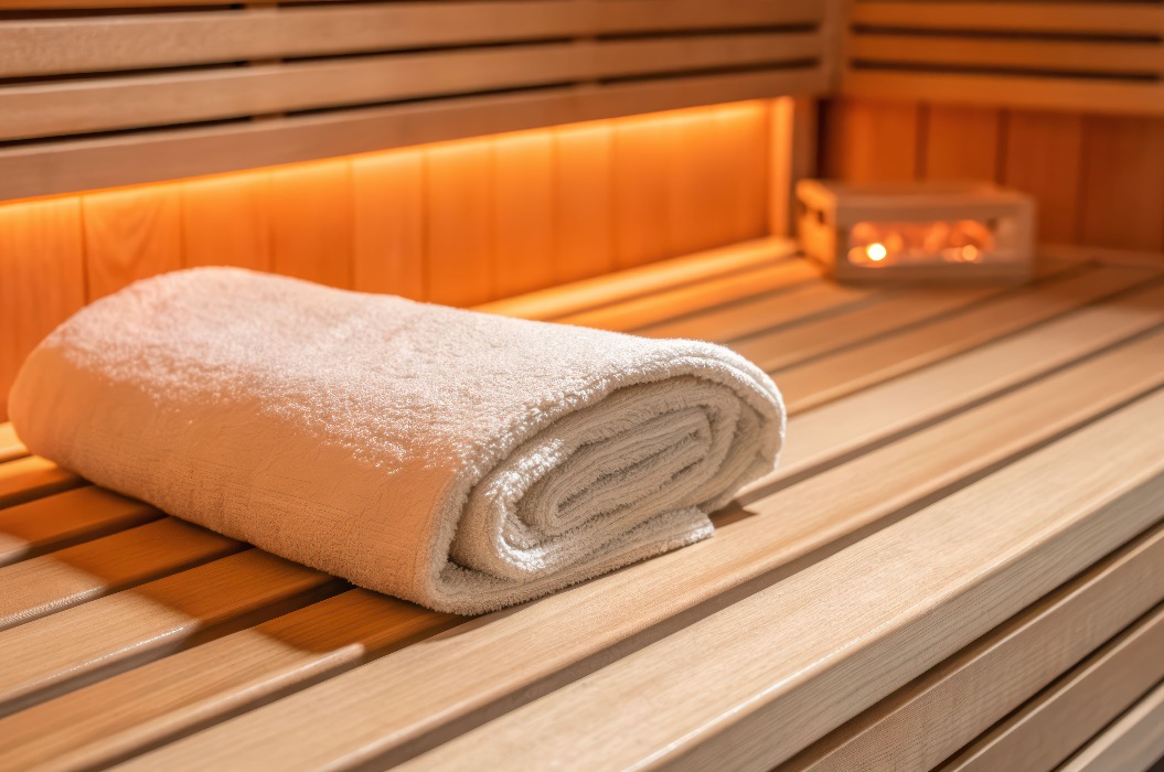 Warme Holzbank, gefaltetes Handtuch, sanftes Licht, entspannendes Spa-Erlebnis, gepflegtes Interieur, Infrarotsauna-Ambiente