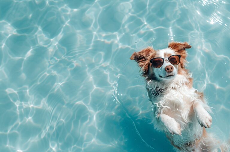 Ein niedlicher, lustiger Hund, der eine Sonnenbrille trägt und in einem Swimmingpool treibt.
