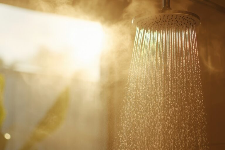 Ein warmer Sonnenstrahl dringt durch den Dampf im Badezimmer