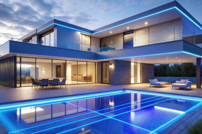 Modernes Smart Home mit blau beleuchteten Linien und einem Pool
