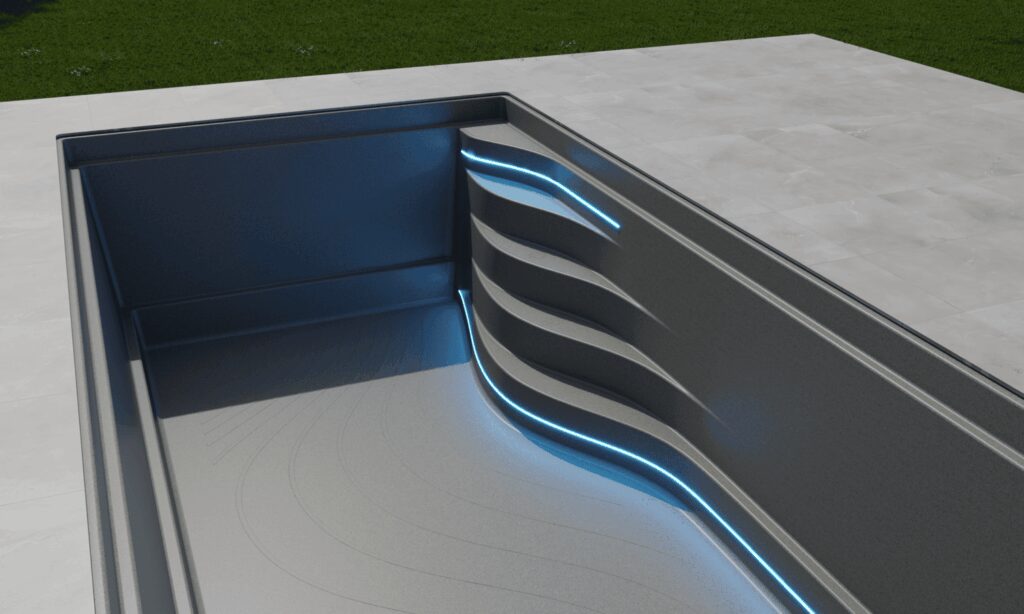 Leerer grauer Pool mit geschwungenen Stufen und blauer LED Beleuchtung