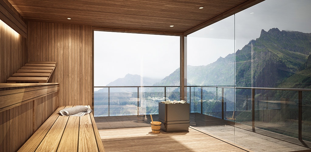 Saunafenster mit Blick auf Berglandschaft