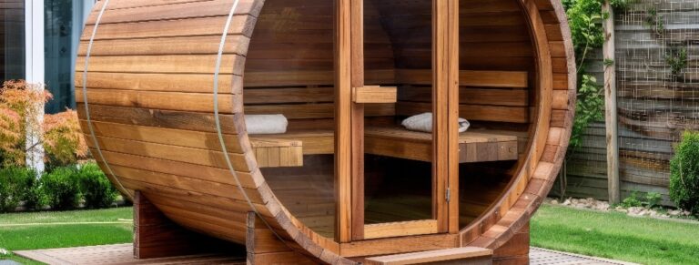 Holzfass-Sauna im Gartenhof mit unscharfem Hintergrund, perfekt für die Textplatzierung
