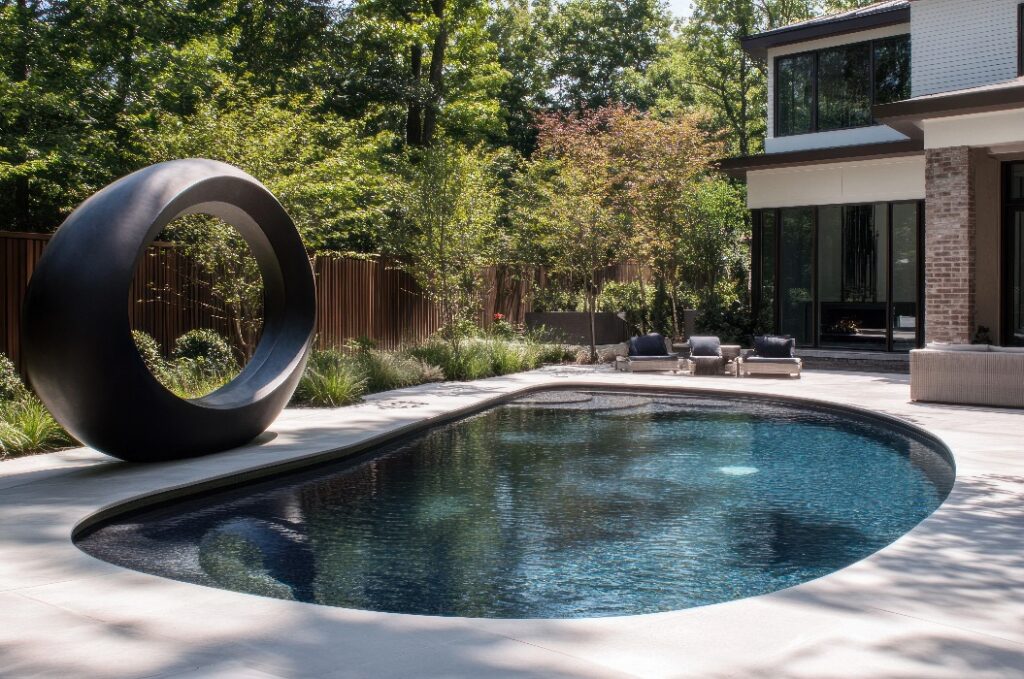 Skulpturale Oase, Moderner Hinterhof mit Pool und künstlerischer Installation