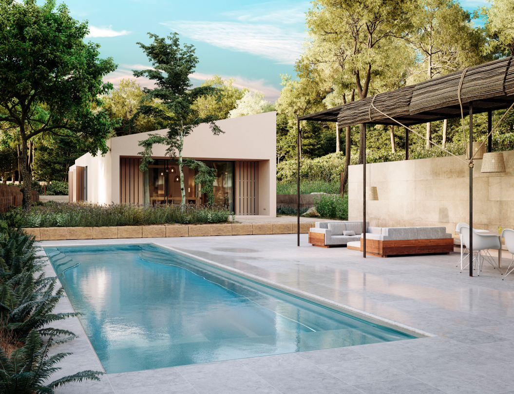 Ein moderner Pool im Freien mit schattierter Terrasse und eleganter Umgebung.