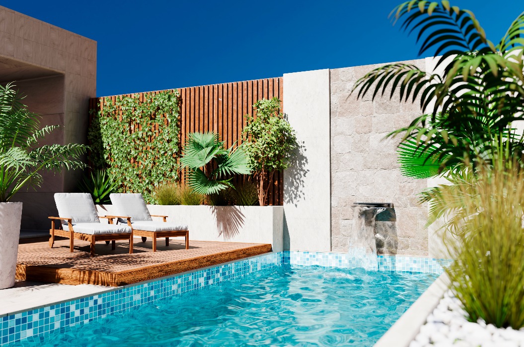 Moderne Architektur im Außenbereich einer Ferienvilla mit luxuriösem Swimmingpool und tropischem Baumgarten. Zeitgenössisches Wüstengebäude, Pool und Terrasse im Hinterhof.